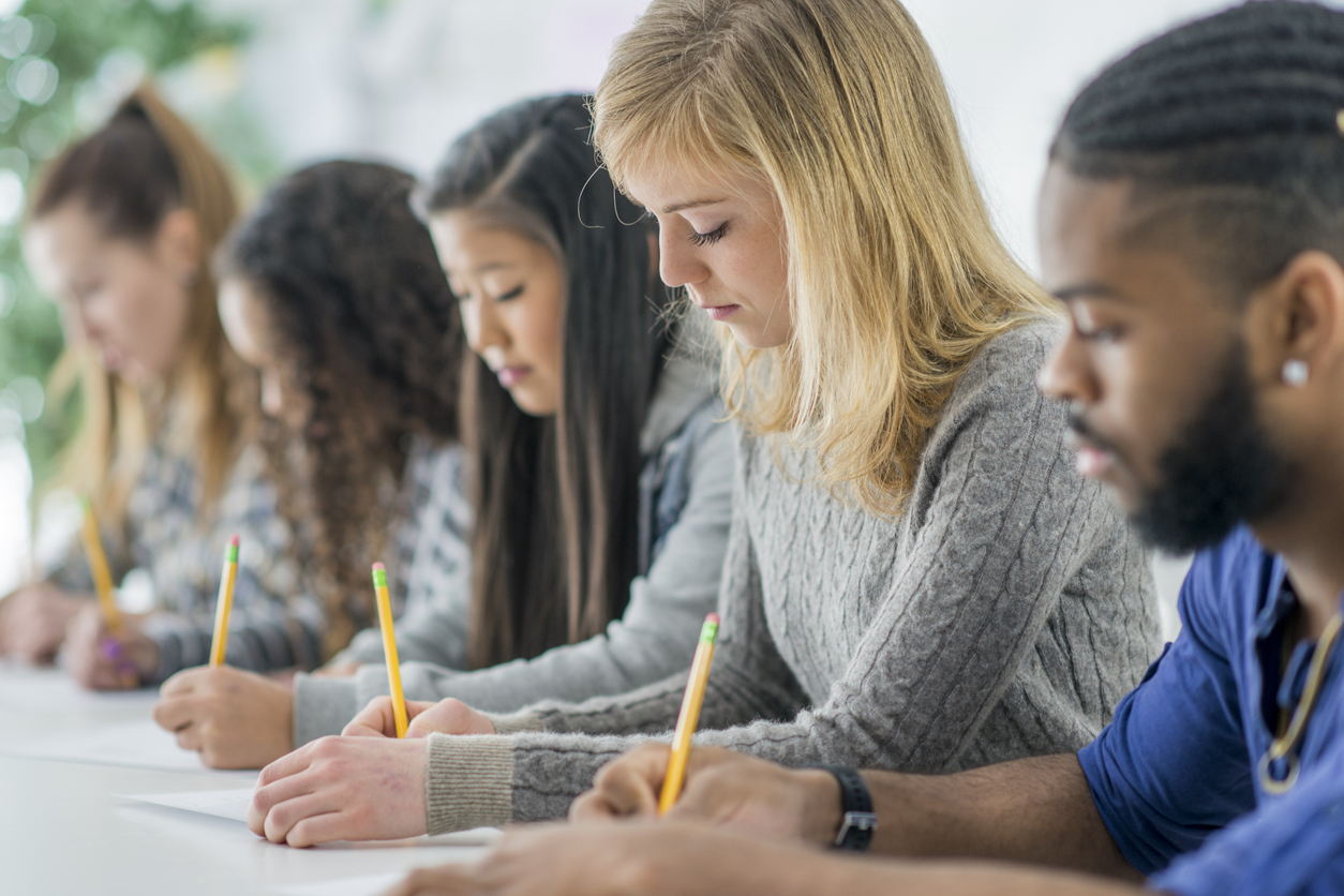 Students taking a written test